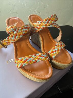 Madden Girl Multicolor Braided Espadrille Wedge Sandals - Orange, Yellow, Blue